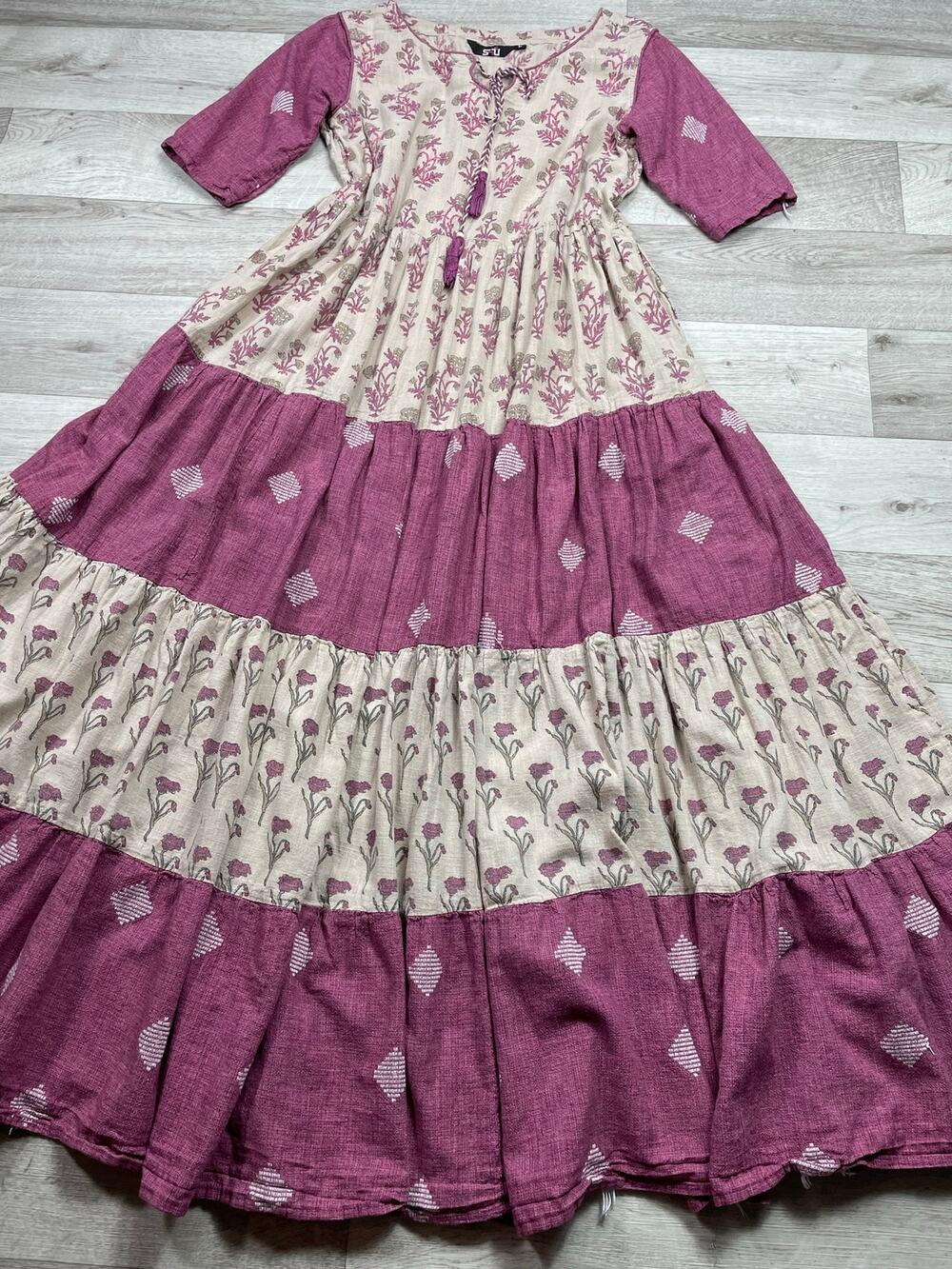 🔥S4U Tiered Mauve Beige Tiered Embroidered Maxi Dress Boho Cottage Desi Indian